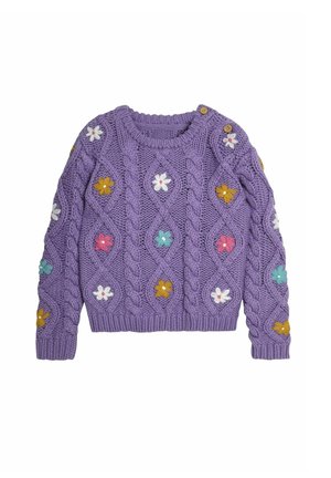 Lilla kabelstrikket sweater med lange ærmer, dekoreret med farverige broderede blomster og to træknapper på skulderen.