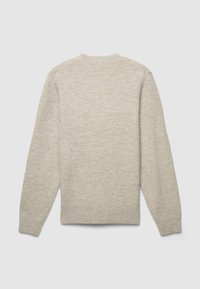 Hellgrauer Wollpullover, Rundhals, lange Ärmel, gerippte Bündchen und Saum, weiche Textur mit einem dezenten Melange-Muster.