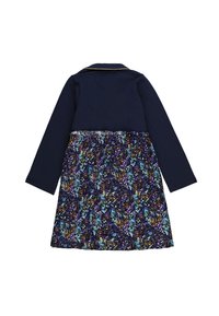 Abito a maniche lunghe con parte superiore blu navy uniforme e gonna decorata con colori vivaci, con design a pieghe e elastico in vita.