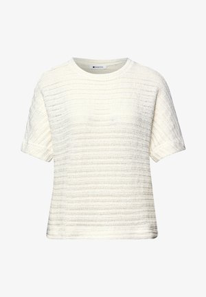 Biały sweter z krótkim rękawem, wykonany z dzianiny z poziomymi, luźno tkanymi paskami i okrągłym dekoltem.