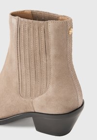 Stivale ankle in suede beige con dettagli di cucitura orizzontale, tacco curvo a blocco e accento dorato vicino al tacco. Texture liscia.