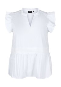 Blusa bianca con maniche corte a volant, scollatura a V e dettagli arricciati in vita. Realizzata in tessuto leggero, presenta un orlo svasato.