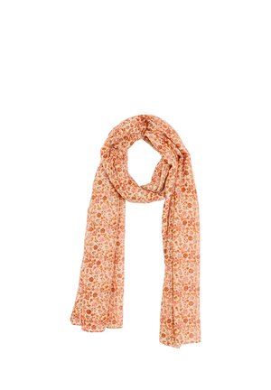 Bufanda rosa claro con estampado floral naranja, suelta y con un extremo colgando más largo que el otro.