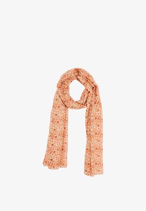 Bufanda rosa claro con estampado floral naranja, suelta y con un extremo colgando más largo que el otro.