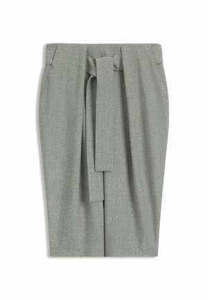 Grey high-waisted skirt with a textured finish, featuring a tied belt detail, straight cut, and side pockets.