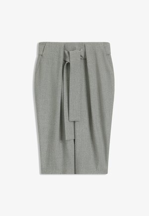 Grey high-waisted skirt with a textured finish, featuring a tied belt detail, straight cut, and side pockets.