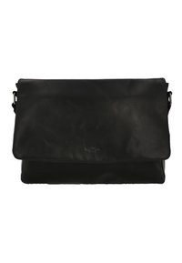 Black leather messenger bag with a fold-over flap, smooth texture, and no visible hardware details. Simple design with a sleek, rectangular shape.