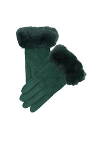 Guanti in eco-pelle verde con polsini in pelliccia. Motivo trapuntato sulla palma, con orlo in pelliccia morbida attorno al polso per un maggiore calore.