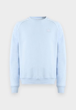 Light blue Adidas crewneck sweatshirt with long sleeves, ribbed cuffs and hem, and small white Adidas logo on the chest.