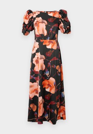 Schwarzes Blumen Kleid mit großen Puffärmeln, lebhaftem orangen und blauen Blumenmuster, figurbetontem Oberteil und fließendem Rock.