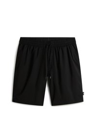 Schwarze Bade shorts aus leichtem Material, mit einem elastischen Bund und Kordelzug sowie seitlichen Taschen. Einfaches, einfarbiges Design.