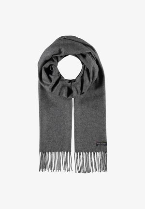 Écharpe grise en tissu doux, présentant un design en boucle avec de longues franges aux extrémités et une petite étiquette de marque.