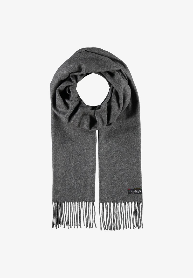 Sciarpa grigia realizzata in un morbido tessuto, con un design ad anello e lunghe frange alle estremità, e una piccola etichetta con il marchio.