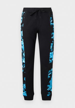 Μαύρο παντελόνι φόρμας με πλευρικές λωρίδες σε μπλε και μαύρο με αφηρημένο μοτίβο και ρυθμιζόμενο κορδόνι στη μέση.