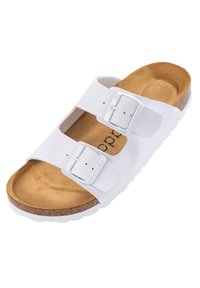 Sandalias blancas con dos hebillas ajustables, plantilla de corcho y suela texturizada. Presenta un upper sintético suave y una forma contorneada.