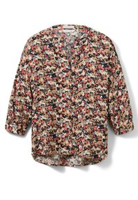 Blouse florale avec un décolleté en V et des manches trois-quarts. Présente un motif floral crème, brun et multicolore sur un fond sombre.