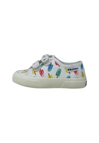 Scarpe da ginnastica bianche in tela con una stampa colorata di ghiaccioli, dotate di due cinturini in Velcro grigi, una suola in gomma testurizzata e un'etichetta del marchio sul lato.