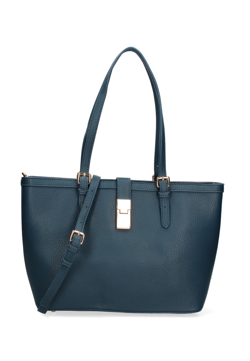 Borsa tote in pelle turchese con una texture a grana fine, doppi manici superiori, tracolla regolabile e dettaglio con chiusura metallica frontale.