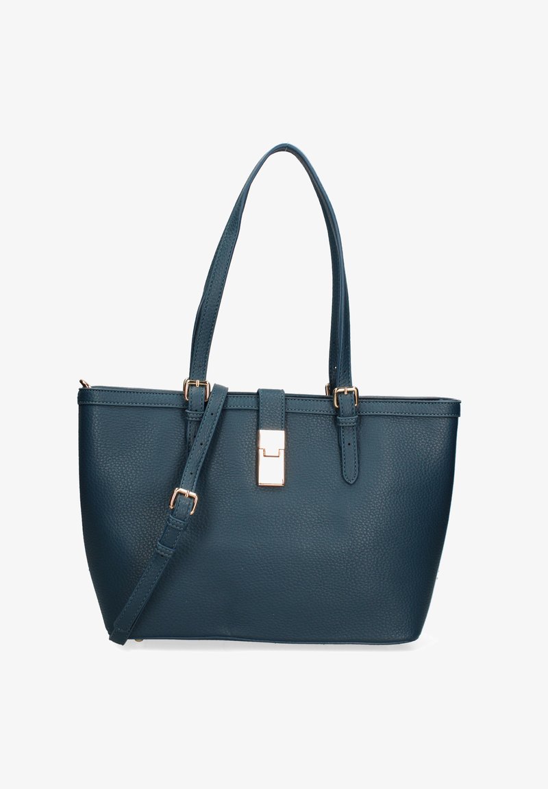 Sac tote en cuir teal avec une texture à grain, double poignées supérieures, bandoulière réglable et un détail de fermoir métallique à l'avant.