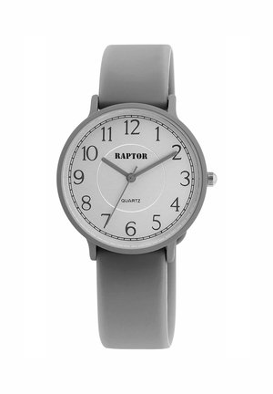 Gray silicone watch with a round silver dial, black numeric hour markers, and a minimalist design. Features quartz movement and a smooth texture.