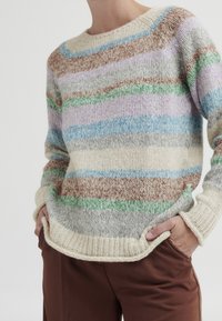 Persoon draagt een meerkleurige gestreepte gebreide trui met handen in de zakken van een bruine broek, weergegeven van nek tot heupen tegen een witte achtergrond.