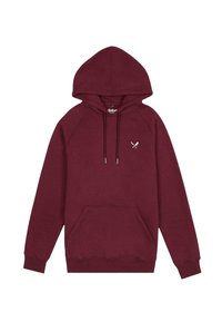 Sudadera con capucha burdeos, con bolsillo frontal, mangas raglán y cordón. Presenta un pequeño logotipo de cuchillo cruzado blanco en el pecho.