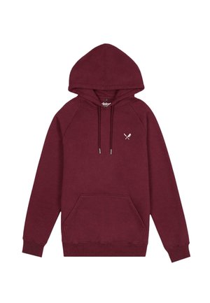 Burgundy hooded sweatshirt with a front pocket, raglan sleeves, and drawstring. Features small white crossed knife logo on the chest.