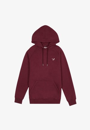 Burgundy hooded sweatshirt with a front pocket, raglan sleeves, and drawstring. Features small white crossed knife logo on the chest.