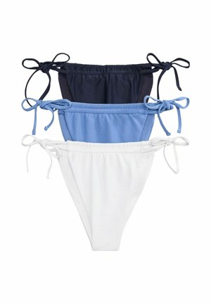Three bikini bottoms in black, blue, and white, each with side ties, stacked vertically on a white background.
