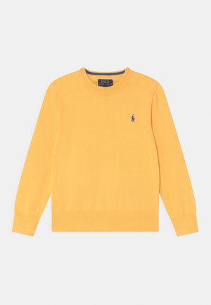 Jersey amarillo de manga larga con cuello redondo, puños y bajo acanalados, con un pequeño logo de Polo Ralph Lauren en azul marino en el lado izquierdo del pecho.
