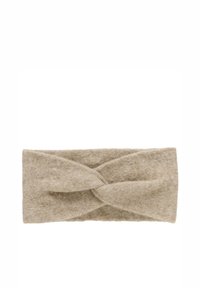 Fascia in maglia color beige chiaro, caratterizzata da un design attorcigliato nella parte anteriore, realizzata in tessuto morbido e testurizzato, adatta per l'inverno.