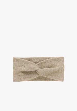 Knit headband in light beige, featuring a twisted design at the front, made of soft, textured fabric, suitable for winter wear.
