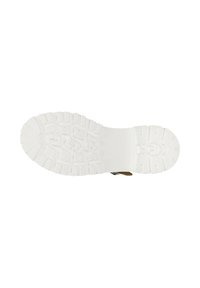 Semelle en caoutchouc blanc avec des motifs de traction profonds, présentant un bout lisse et des côtés qui se transforment en une surface texturée près du talon.