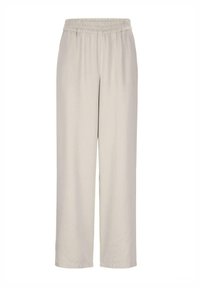 Lichtgrijze wijde broek met een elastische tailleband, gemaakt van soepel stof. Heeft een losse pasvorm en een rechte, vloeiende silhouette.