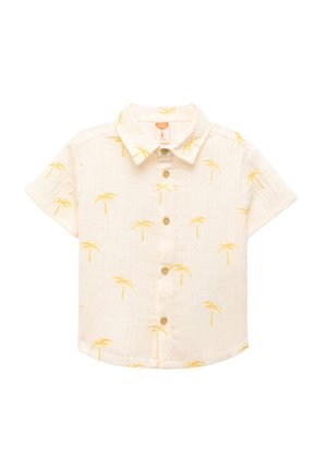Cremfarbendes Baby-Shirt mit kurzen Ärmeln und gelbem Palmenmotiv, mit Holzknöpfen vorne und Kragen.