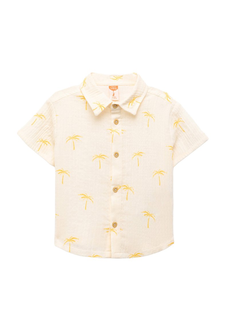 Crème-kleurig baby shirt met korte mouwen, voorzien van een gele palmboomprint en houten knopen aan de voorkant, inclusief kraag.