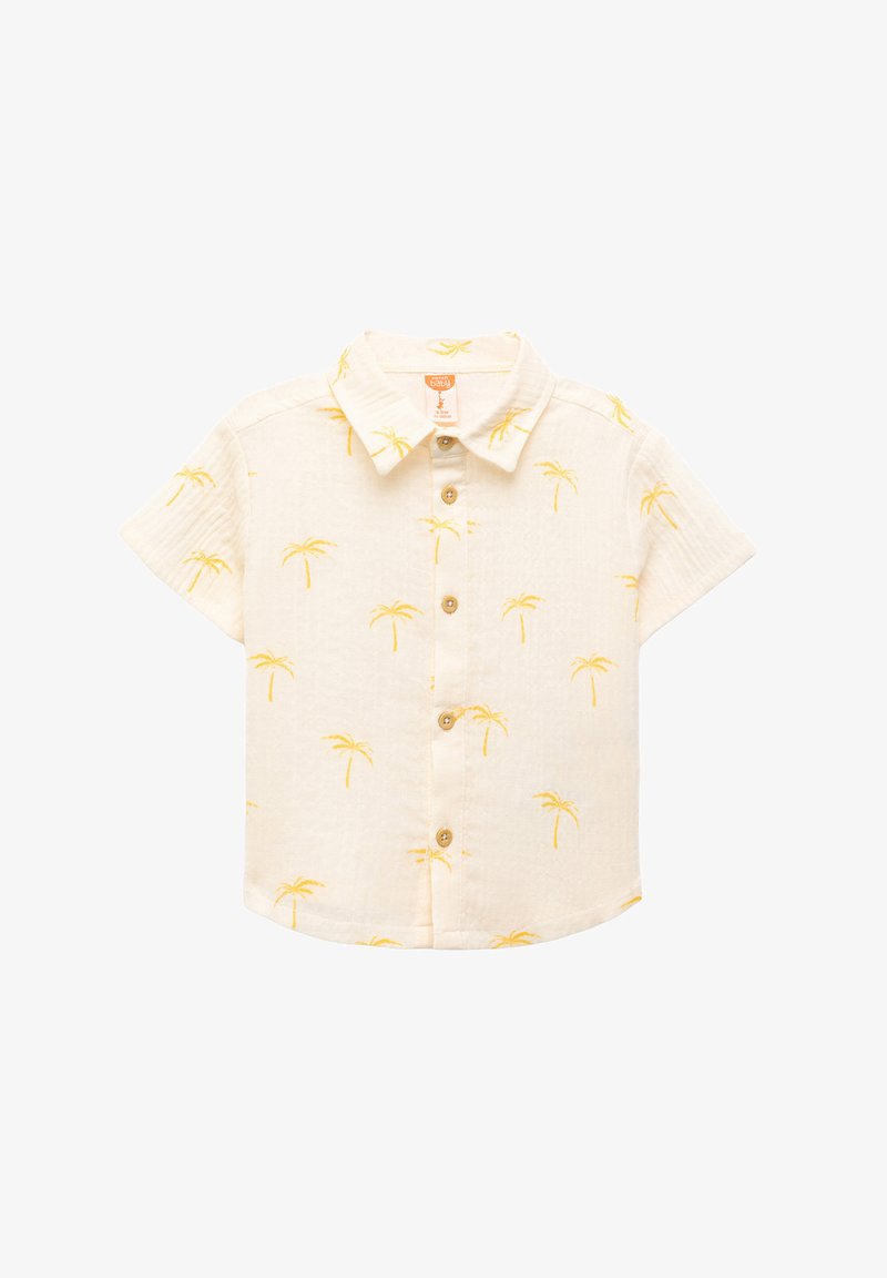 Cremfarbendes Baby-Shirt mit kurzen Ärmeln und gelbem Palmenmotiv, mit Holzknöpfen vorne und Kragen.