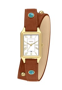 Reloj de cuero marrón con una caja rectangular en tono dorado, esfera blanca, números romanos dorados, ventana de fecha y detalles en turquesa en la correa.