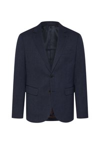 Dunkelblaues Blazer mit strukturiertem Fischgrätmuster, schlanker Schnitt, zwei Fronttaschen, einknopfverschluss und geknöpfter Revers.
