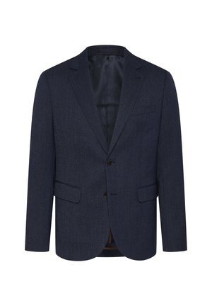 Blazer bleu marine avec un motif en chevron texturé, coupe slim, deux poches avant, fermeture à un bouton et revers cranté.