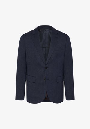 Tengerészkék blazer texturált halszálkás mintával, slim fit szabású, két elülső zsebbel, egysoros gombolással és kedvületes hajtókával.