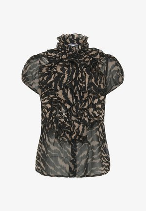 Przezroczysta bluzka w czarno-beżowy wzór w tygrysie paski, z falbaniastym kołnierzykiem i przodem, krótkimi bufkami oraz zapięciem na guziki.