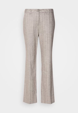 Beige pinstriped tailored trousers with front button, belt loops, and slightly flared legs on a plain white background.