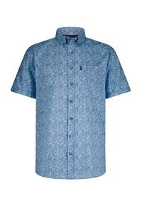 Korte mouwen button-up shirt in lichtblauw met een bloemenpatroon. Heeft een standaard kraag, een borstzak en knopen in een bijpassende kleur.