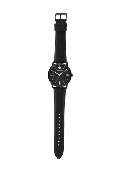 Reloj analógico negro con esfera redonda, dial negro, marcadores de hora plateados y una correa de cuero negro suave. Presenta una pantalla de fecha.