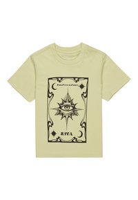 Lime green t-shirt featuring a black graphic print with an eye and sunburst design, framed with intricate borders and the text "Past.Present.Future."
