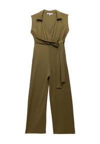 Olivgrön ärmlös jumpsuit med krage, insvängd design och knytbälte. Tillverkad av texturerat tyg, med vida byxor.