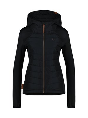 Doudoune noire avec capuche, présentant un devant matelassé, des manches lisses, une fermeture éclair et un petit logo en forme de cœur sur la poitrine.