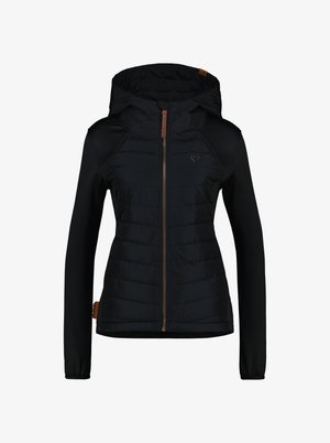 Schwarze Steppjacke mit Kapuze, ausgestattet mit einer gesteppte Vorderseite, glatten Ärmeln, einem Reißverschluss und einem kleinen Herzlogo auf der Brust.