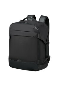 Zaino Samsonite nero rettangolare con spallacci imbottiti, manico superiore, tasca frontale con zip e pannello inferiore rinforzato.